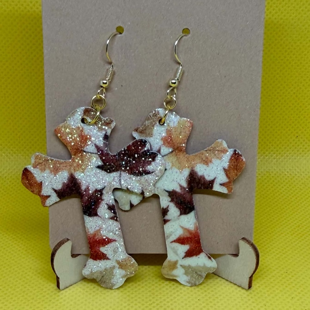 Autumn Foliage Glitter Cross Dangle Earrings