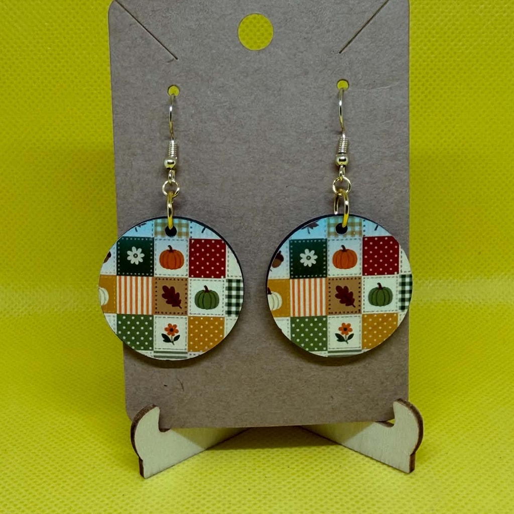 Autumn Patchwork Quilt & Pumpkins Wooden Earrings