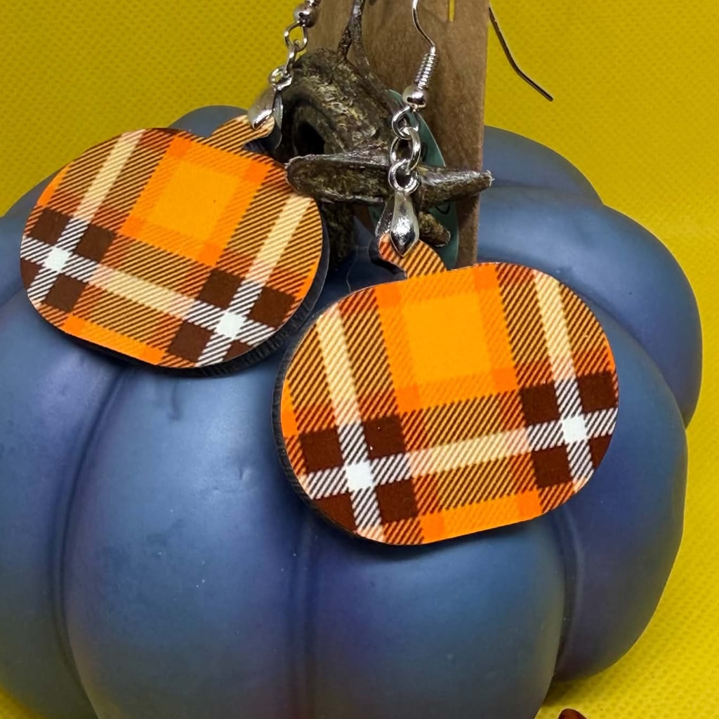 Autumn Plaid Pumpkin Wooden Dangle Earrings