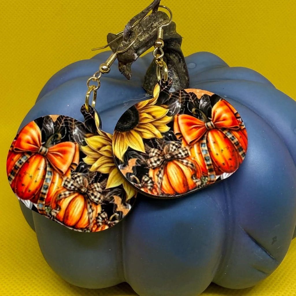 Autumn Pumpkin Bows & Sunflowers Wooden Dangle Earrings