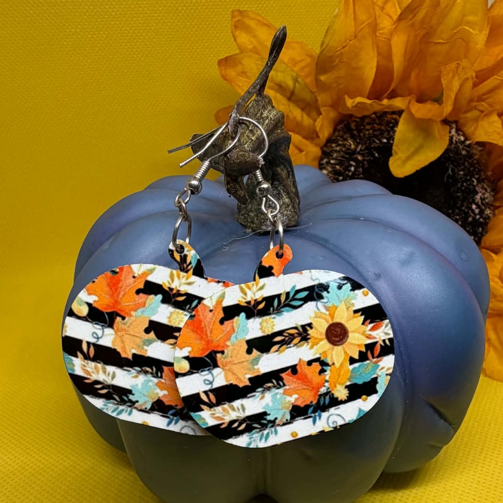 Autumn Sunflower & Striped Pumpkin Wooden Earrings