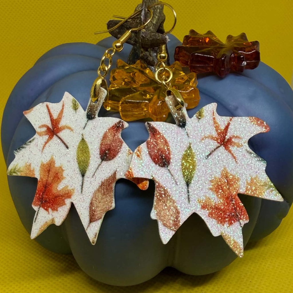 Autumn Watercolor Foliage Glitter Maple Leaf Earrings