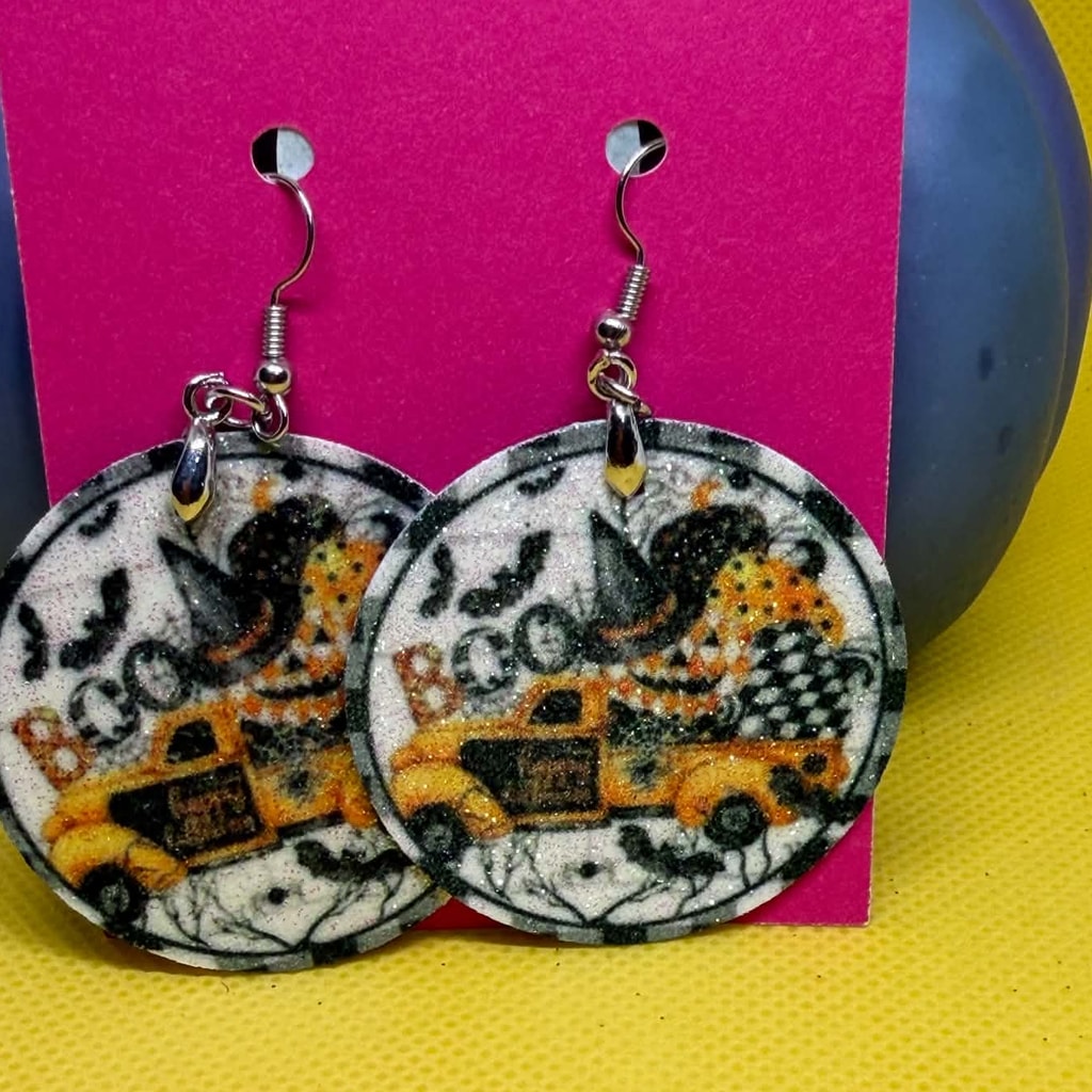 Boo Vintage Pumpkin Truck Glitter Dangle Earrings
