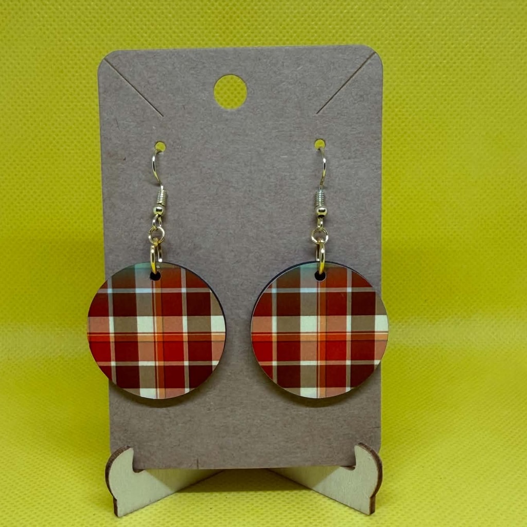 Burgundy Autumn Tartan Wooden Dangle Earrings