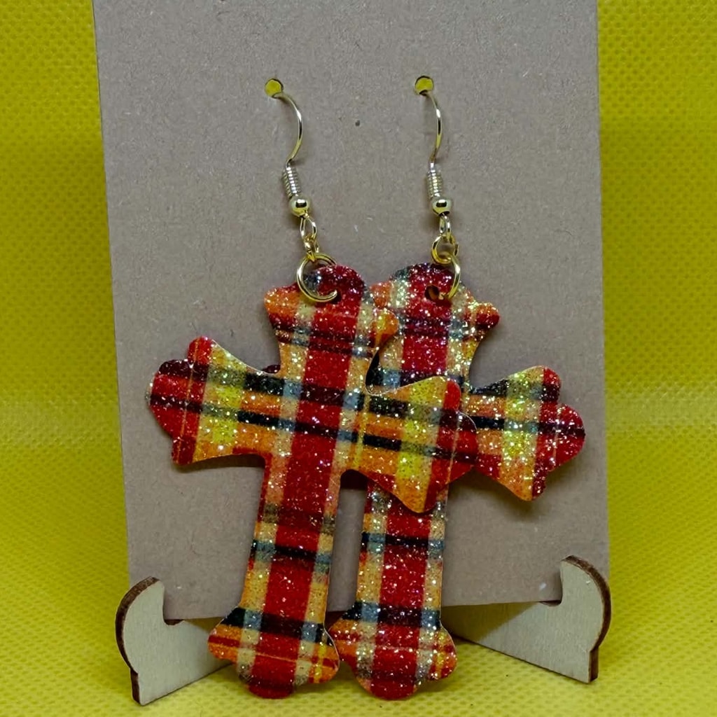 Cozy Red & Yellow Plaid Glitter Cross Earrings