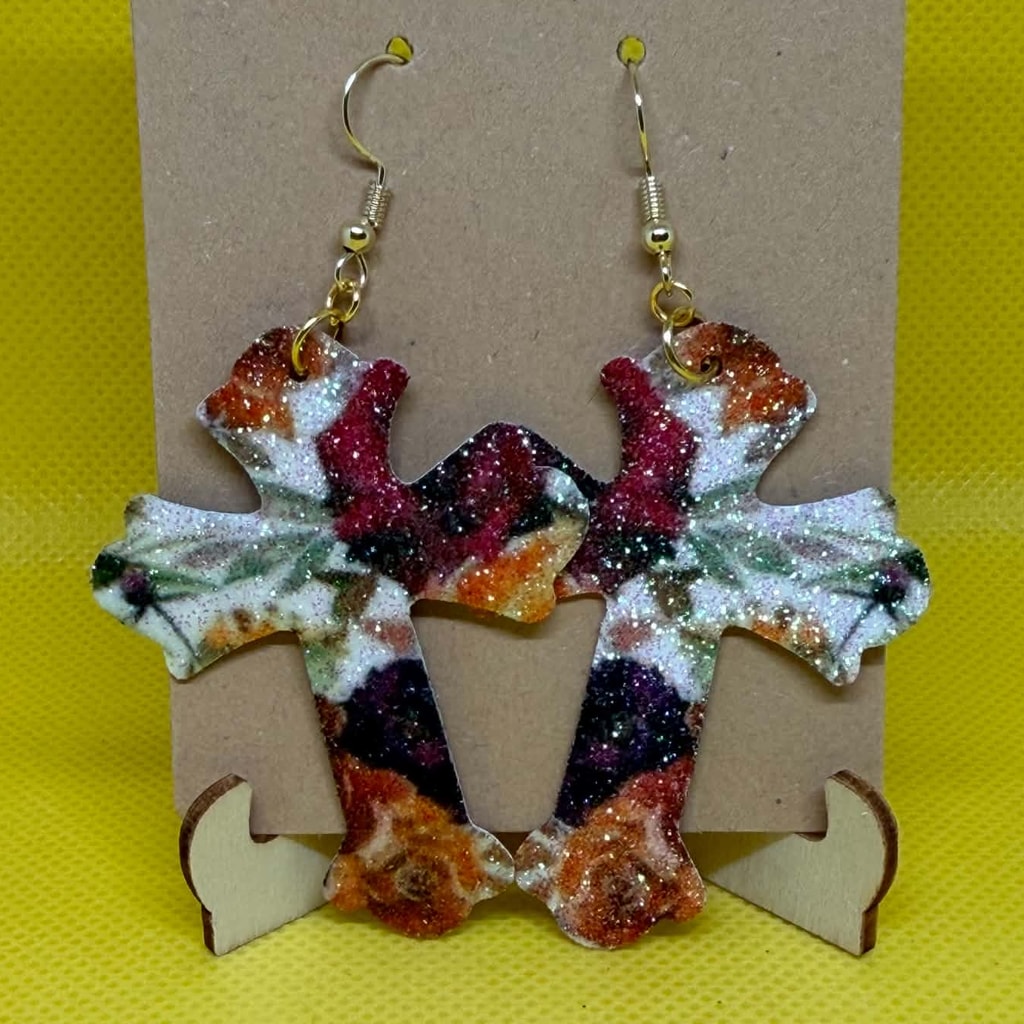 Cranberry & Harvest Gold Glitter Cross Earrings