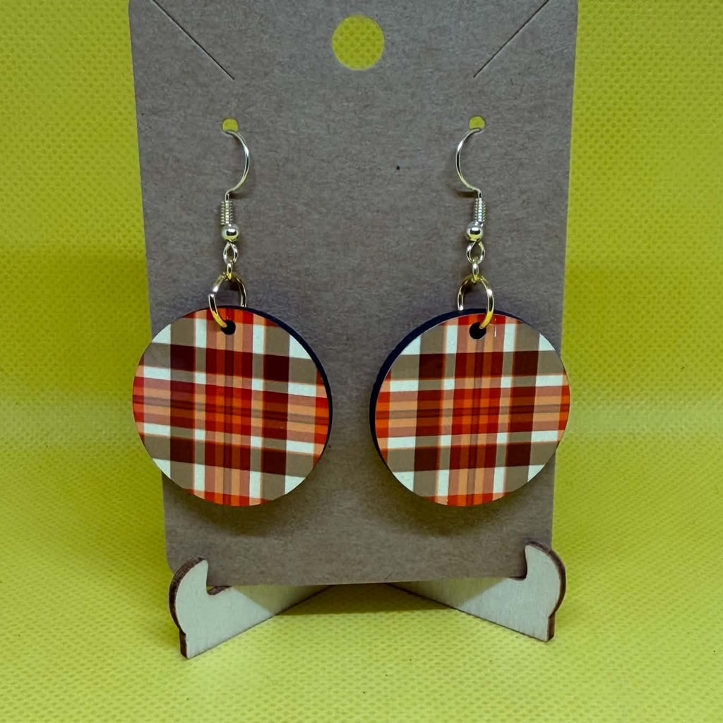Crimson Autumn Gingham Wooden Dangle Earrings