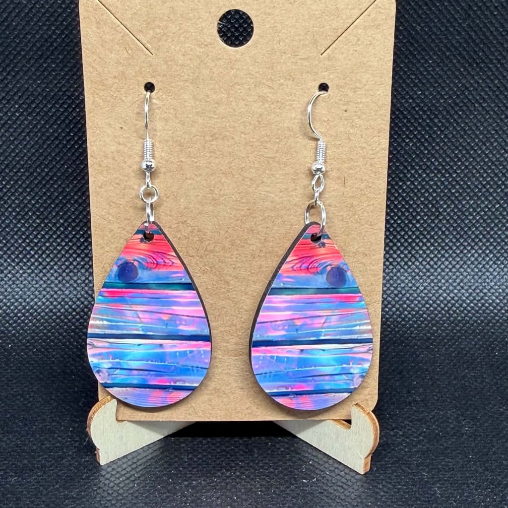 Distressed Magenta & Ocean Blue Woodgrain Teardrop Earrings