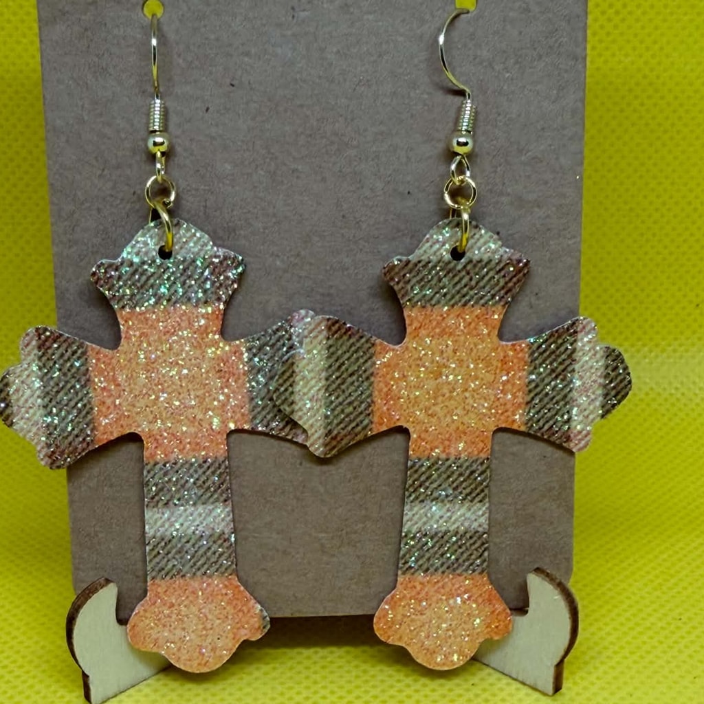 Golden Plaid Glitter Cross Dangle Earrings