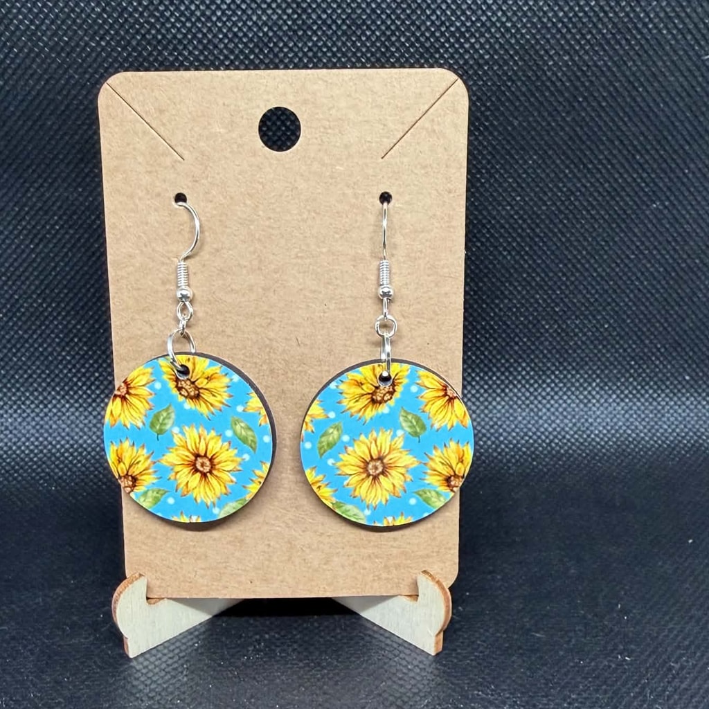 Golden Sunflowers on Sky Blue Wooden Dangle Earrings
