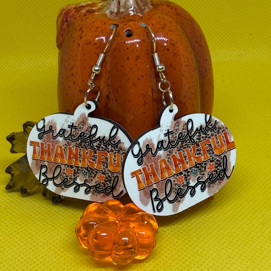 Grateful Thankful Blessed Pumpkin Wooden Earrings