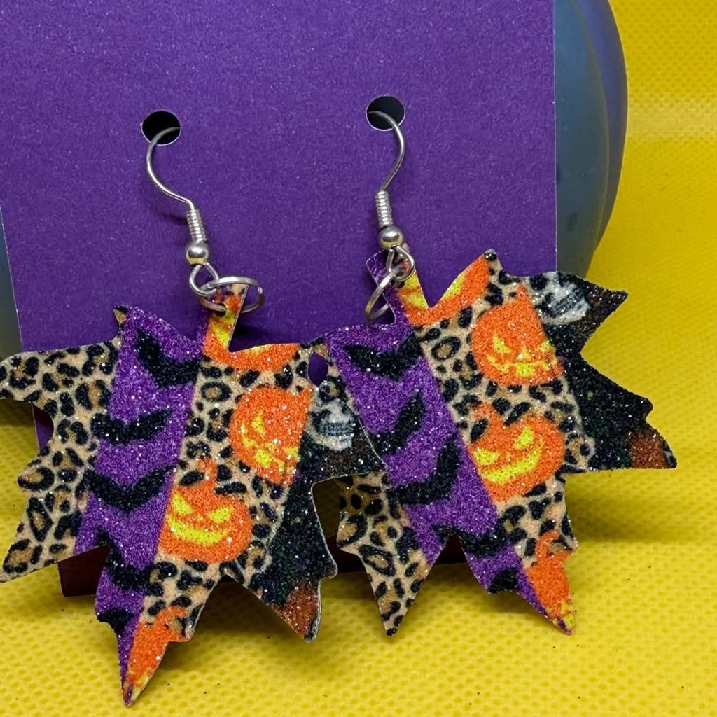 Halloween Leopard & Pumpkin Glitter Leaf Earrings
