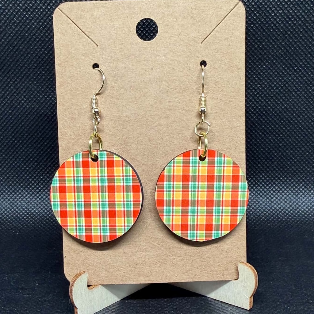 Harvest Plaid Tartan Wooden Dangle Earrings