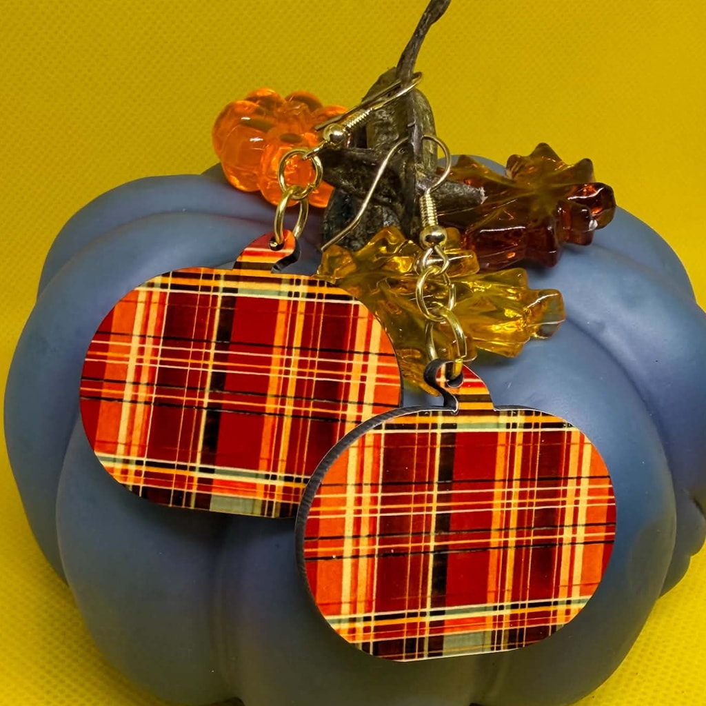 Harvest Red & Amber Plaid Pumpkin Wooden Earrings