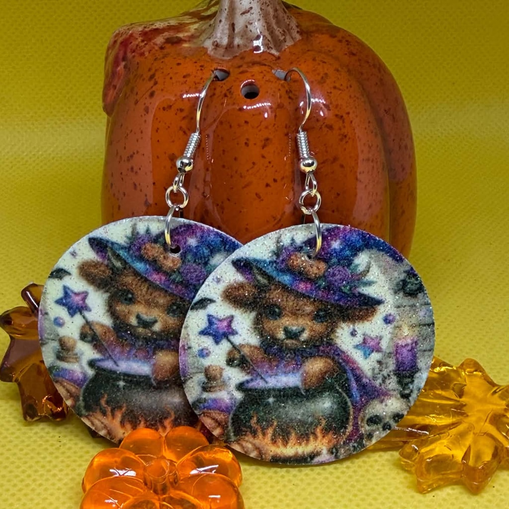 Highland Cow Witch & Cauldron Glitter Dangle Earrings