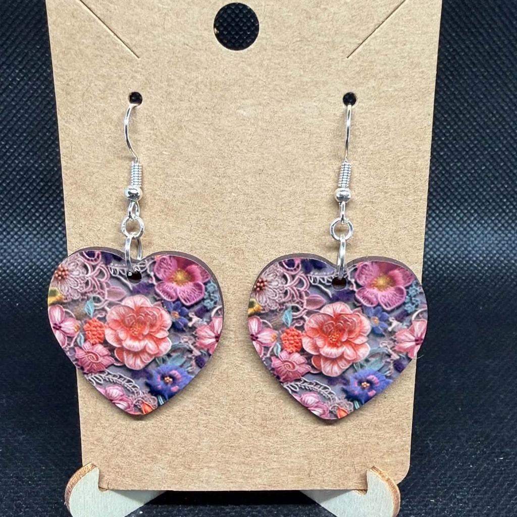 Lace Floral Heart Wooden Dangle Earrings