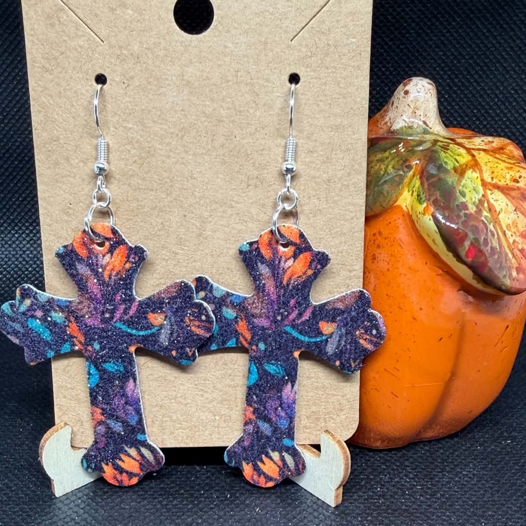 Midnight Floral Sparkle Cross Glitter Earrings