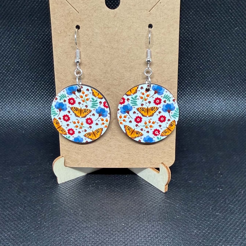 Monarch Butterflies & Wildflowers Wooden Dangle Earrings