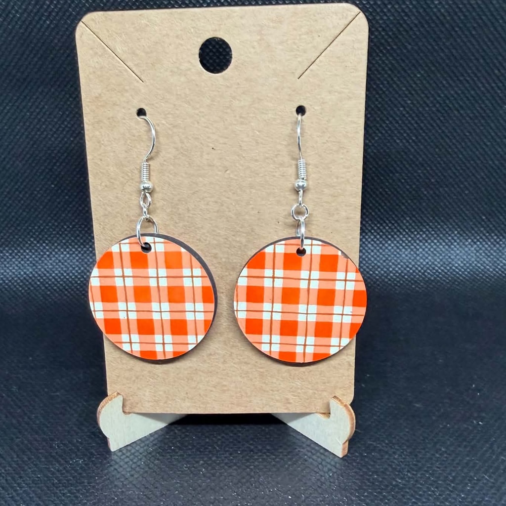 Bright Orange Gingham Buffalo Check Wooden Earrings