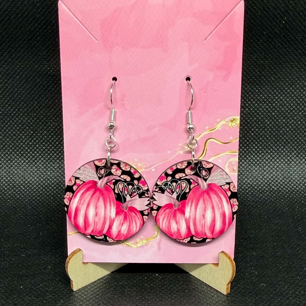 Chic Pink Pumpkins & Leopard Print Wooden Earrings