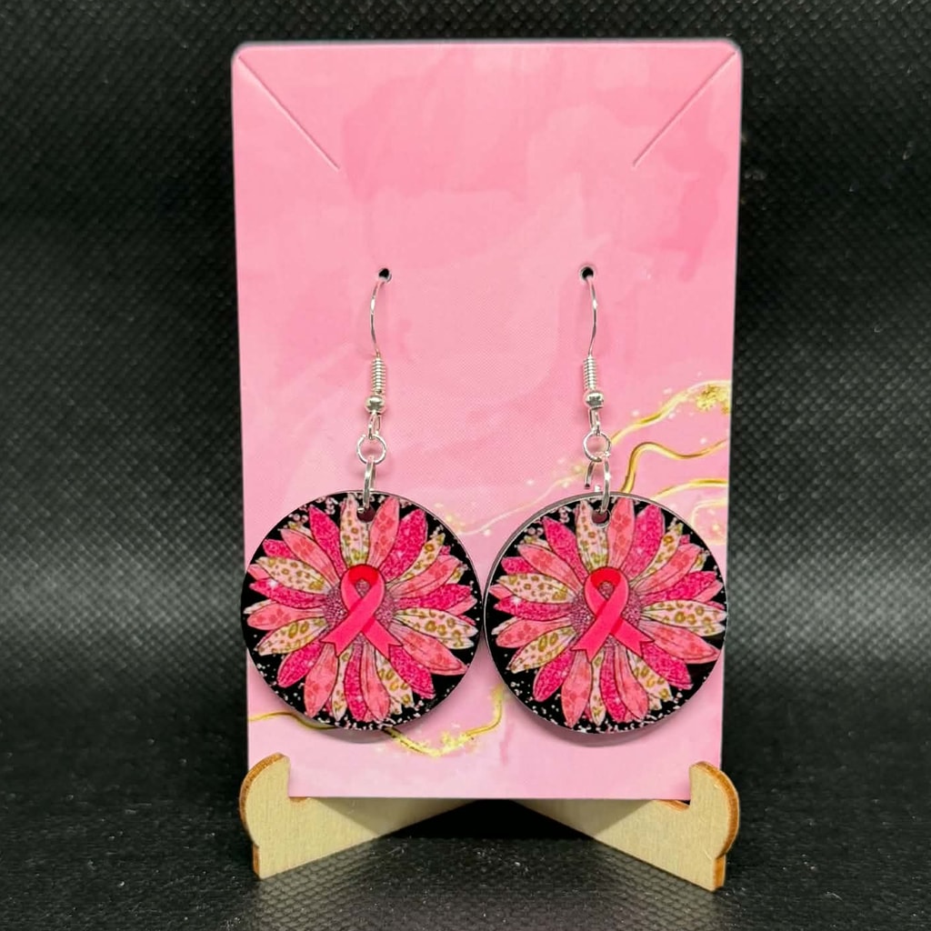 Pink Ribbon Leopard Sunflower Wooden Dangle Earrings