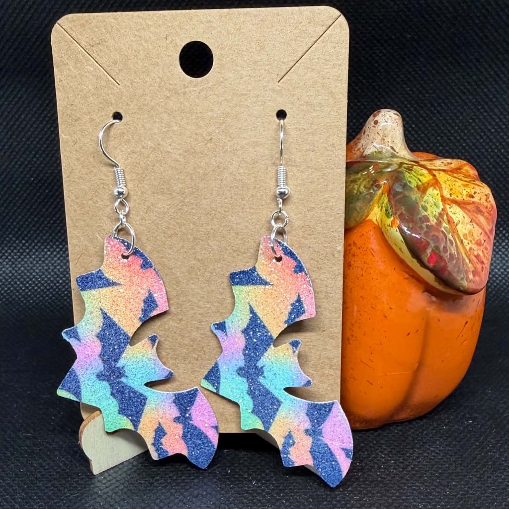 Rainbow Glow Halloween Bat Glitter Earrings