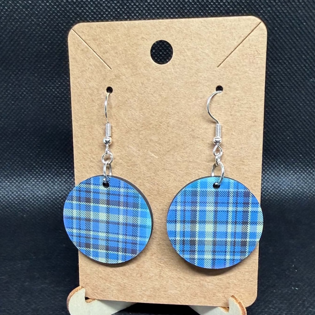 Royal Blue Plaid Tartan Wooden Dangle Earrings