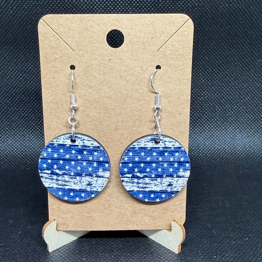 Rustic Blue Woodgrain Stars Wooden Dangle Earrings