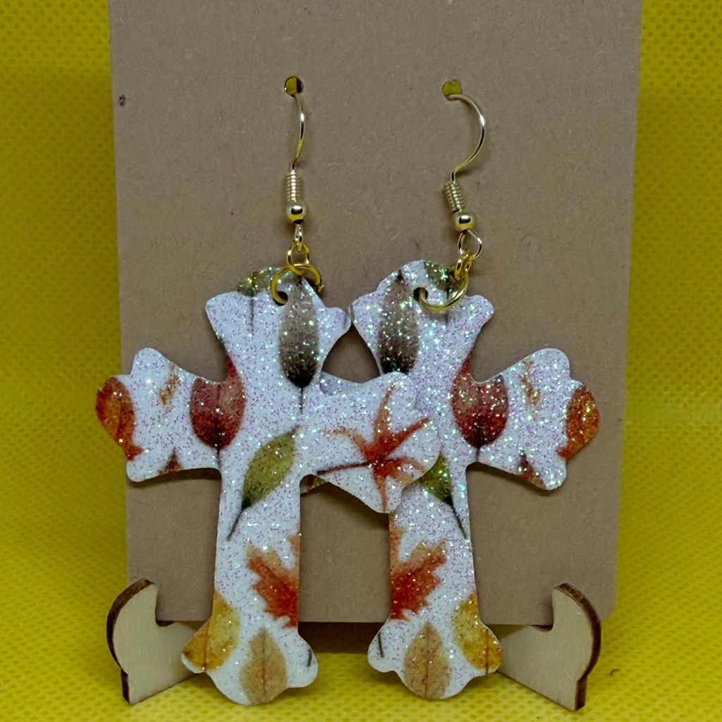 Sparkling White Autumn Leaves Glitter Cross Earrings