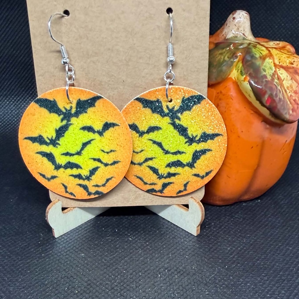 Spooky Harvest Moon & Flying Bats Glitter Earrings