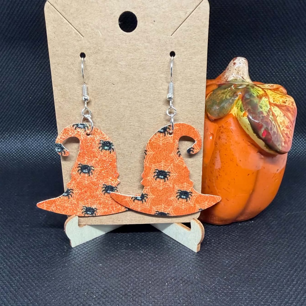 Spooky Witch Hat & Spiders Glitter Dangle Earrings