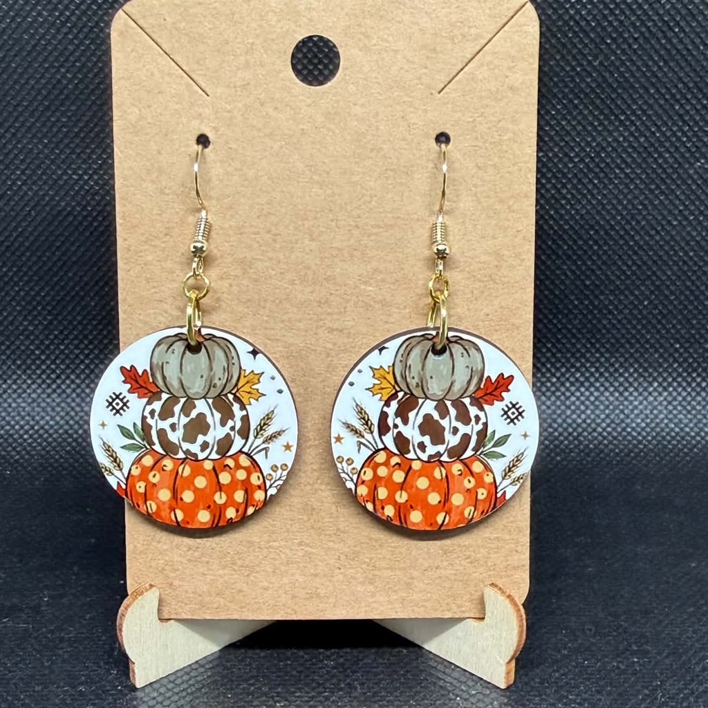 Stacked Leopard & Plaid Pumpkins Wooden Earrings