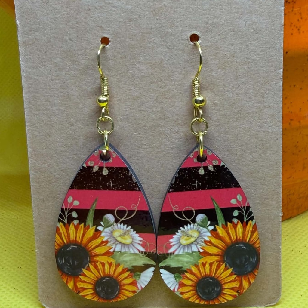 Sunflowers & Striped Teardrop Wooden Dangle Earrings