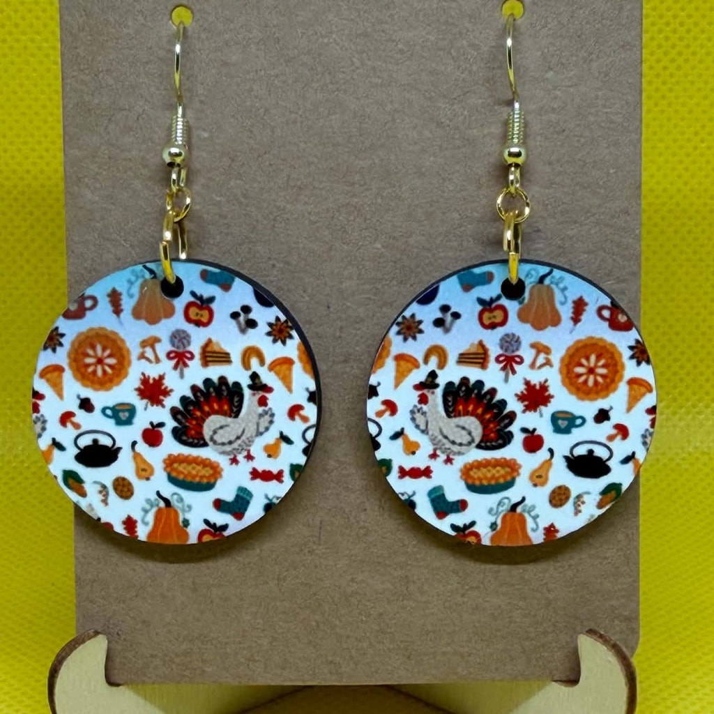 Thanksgiving Festive Doodles Wooden Dangle Earrings