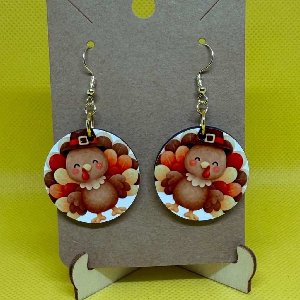 Thanksgiving Pilgrim Turkey Wooden Dangle Earrings