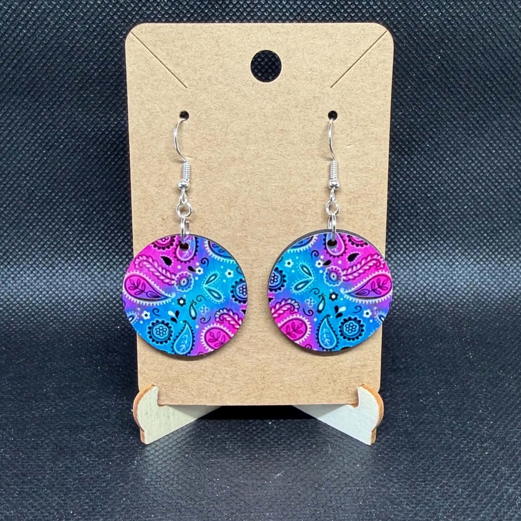Vibrant Bandana Paisley Teal & Pink Wooden Earrings