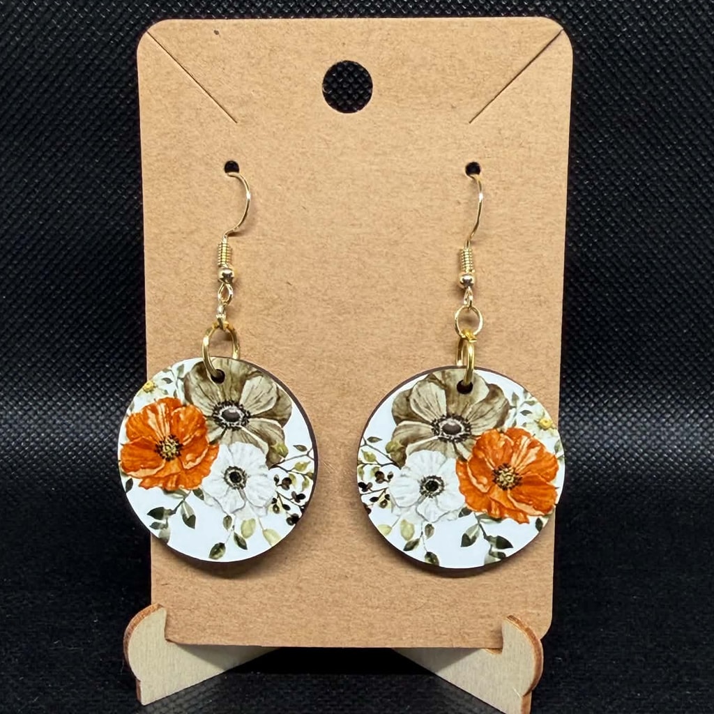 Vintage Autumn Floral Botanical Wooden Earrings