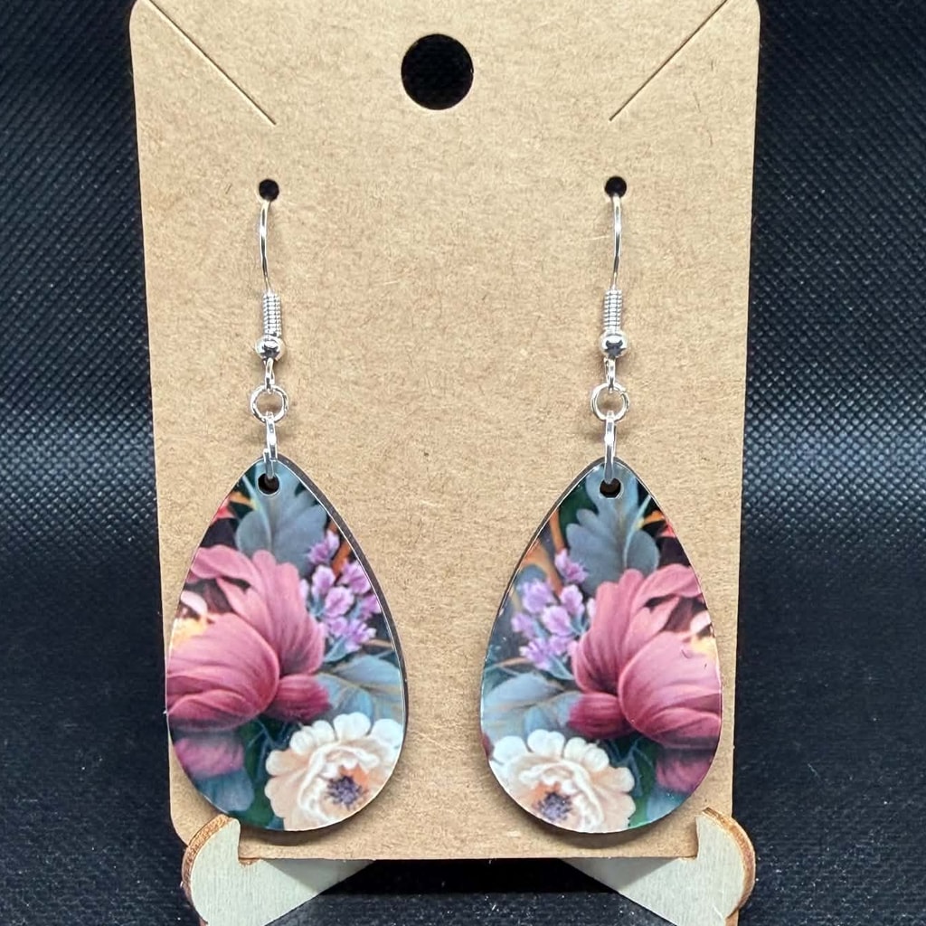 Vintage Dusty Rose & Peony Teardrop Wooden Earrings