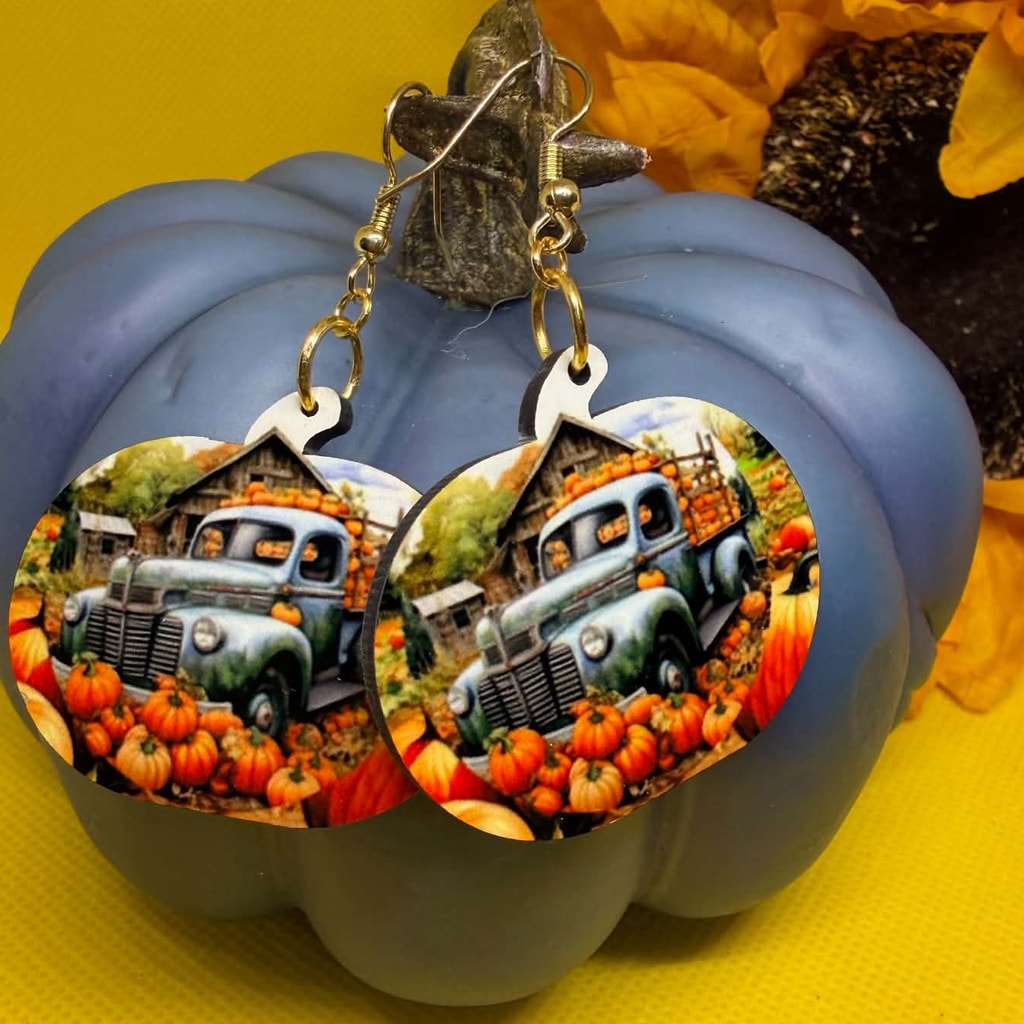 Vintage Farmhouse Truck at Pumpkin Patch Wooden Earrings