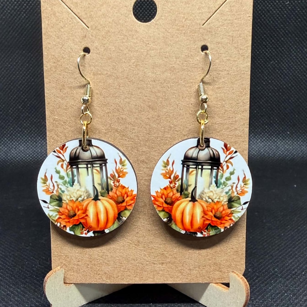 Vintage Harvest Lantern & Pumpkin Wooden Earrings