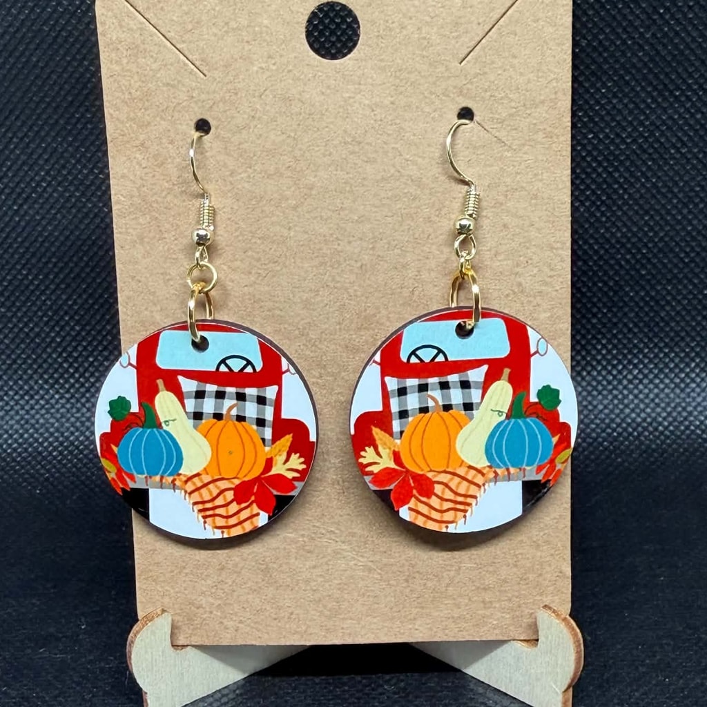 Vintage Red Truck & Harvest Pumpkins Wooden Earrings