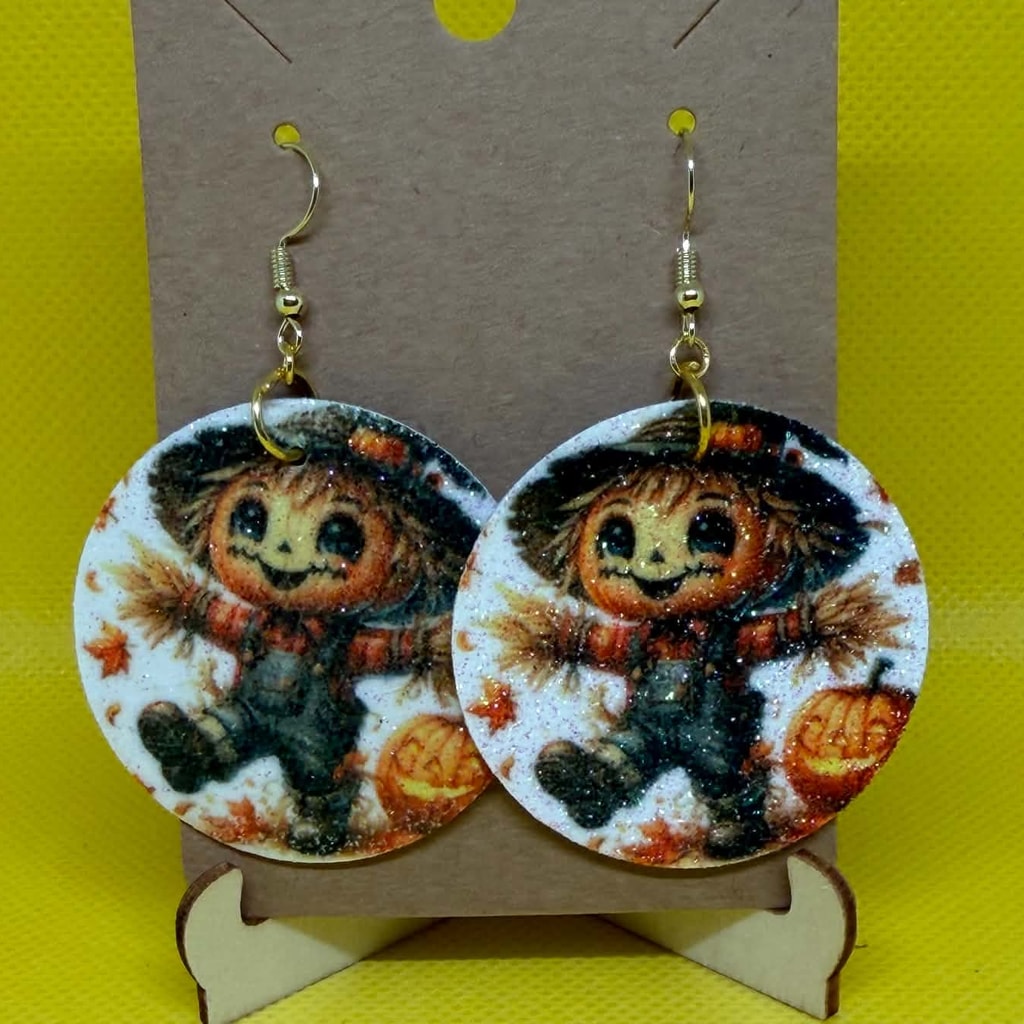 Vintage Storybook Scarecrow Wooden Dangle Earrings