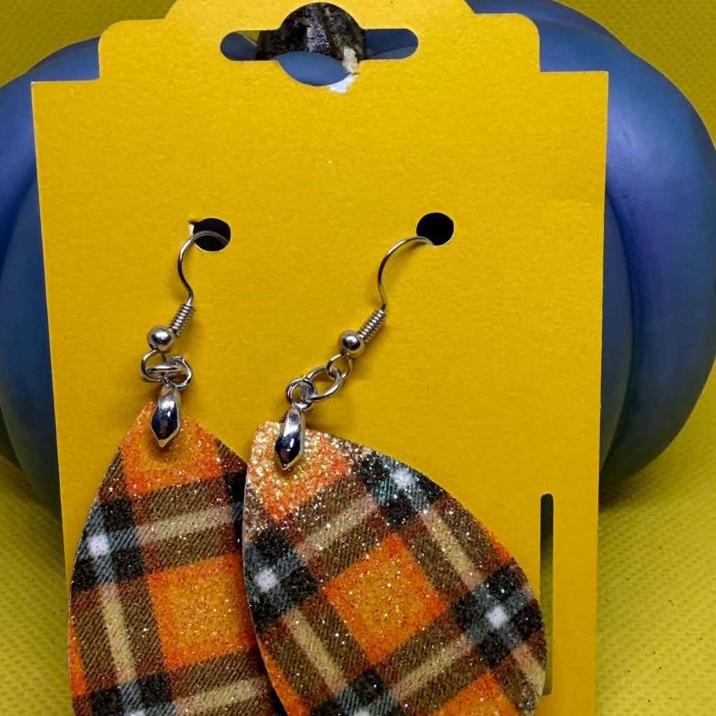 Warm Autumn Orange Tartan Teardrop Glitter Earrings