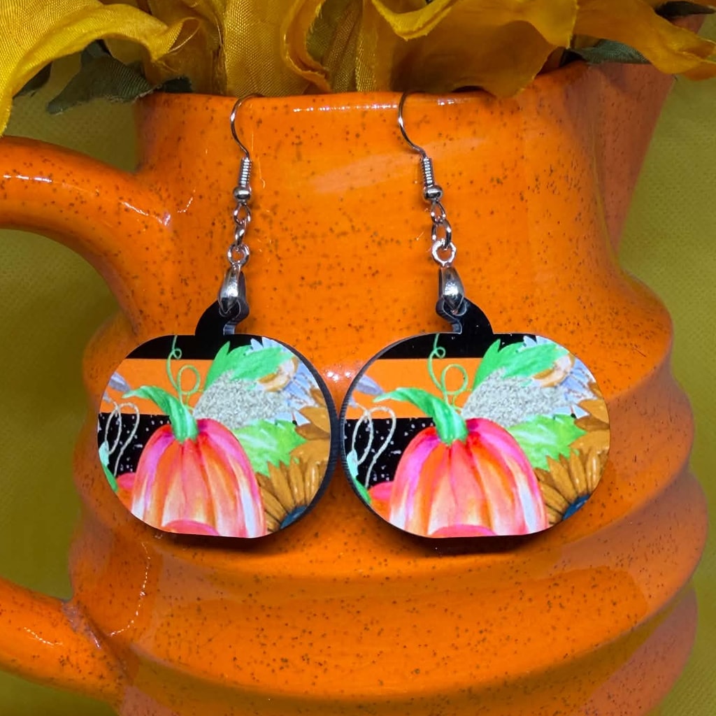 Watercolor Pink Pumpkin & Sunflowers Wooden Earrings